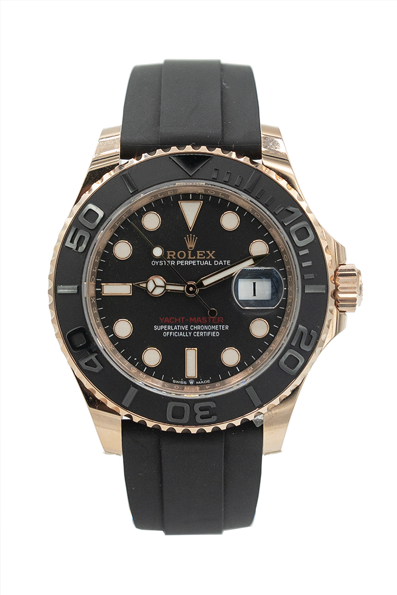 Rolex reference "116655" Yachtmaster rose gold oyster flex bracelet luxury watch with black dial