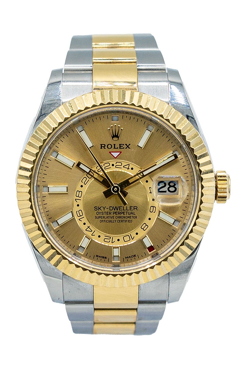 Rolex reference "326933" Sky-Dweller steel and yellow gold luxury watch with champagne dial