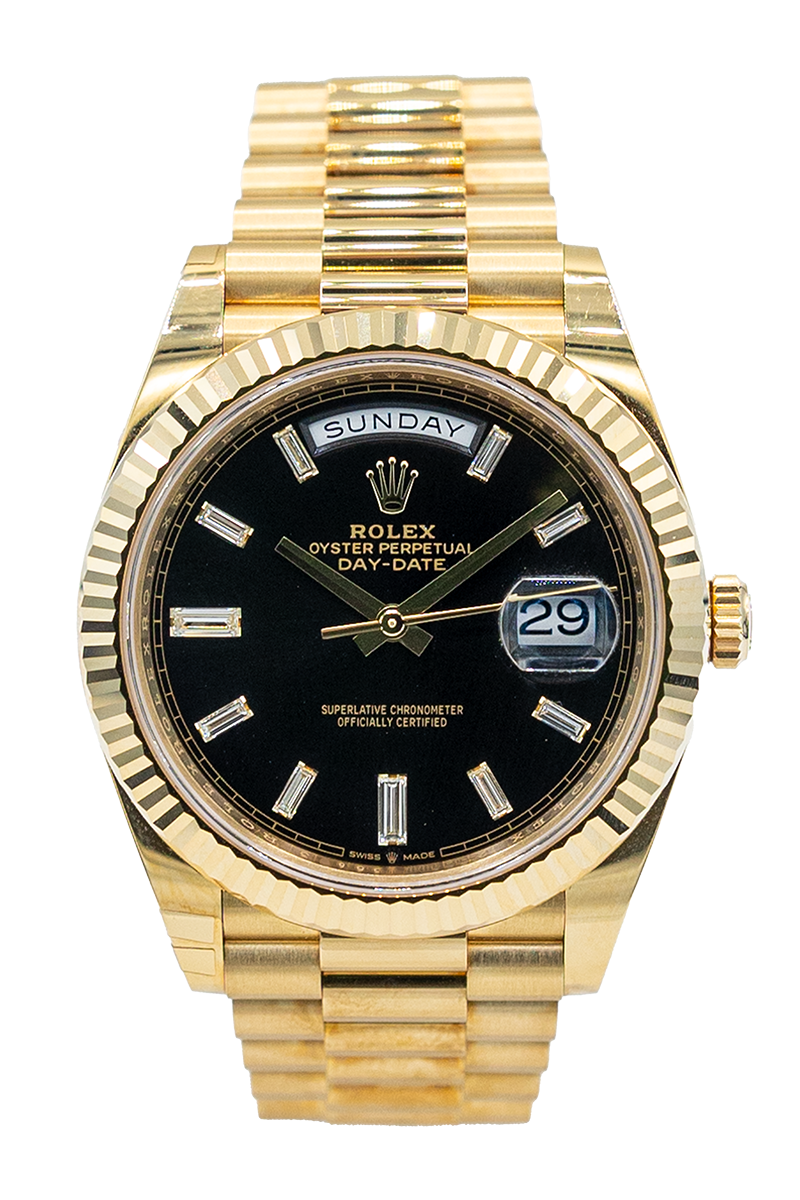 Rolex reference "228238" Day-Date yellow gold luxury watch with black diamond dial