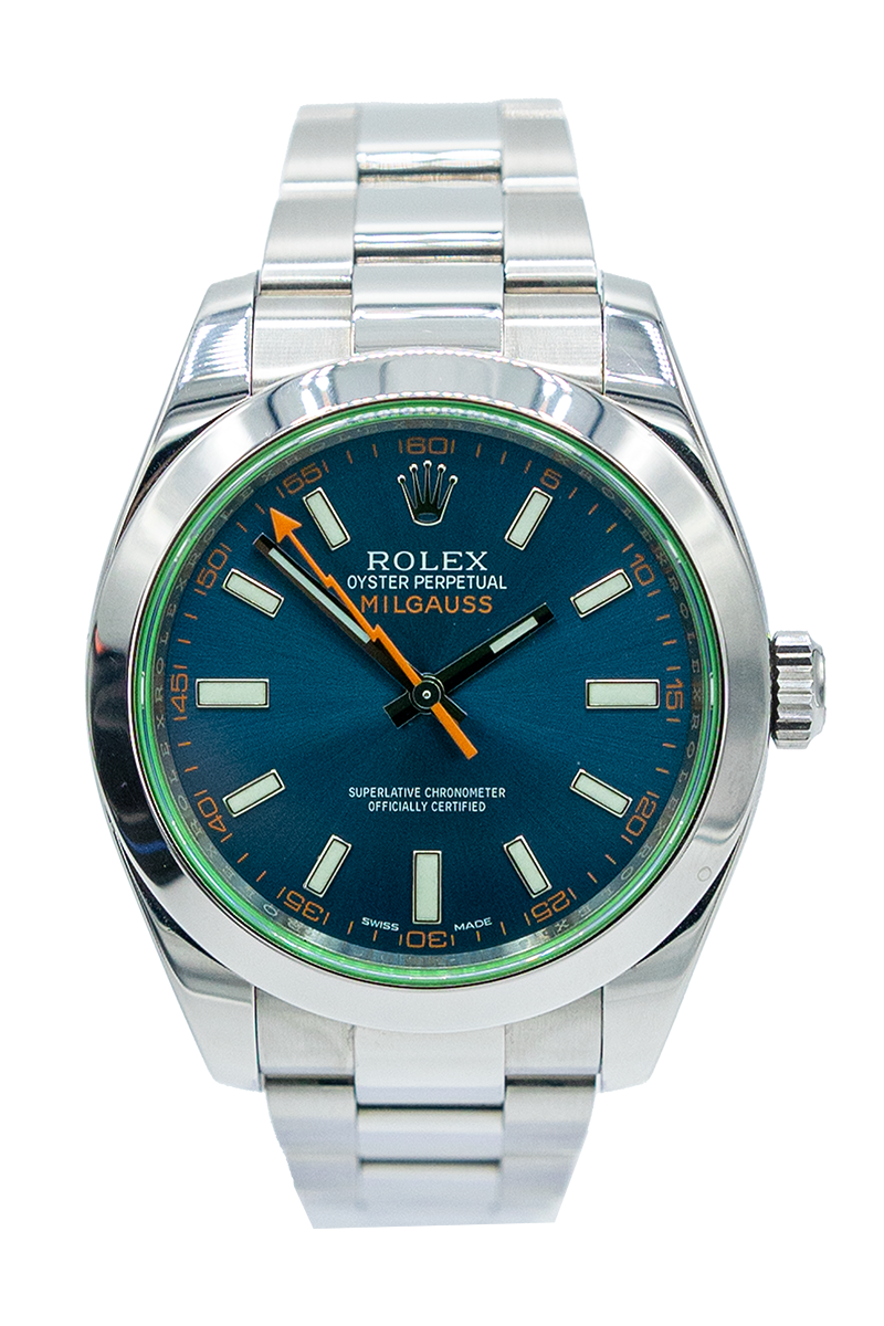 Rolex reference "116400GV" Milgauss steel luxury watch with blue dial