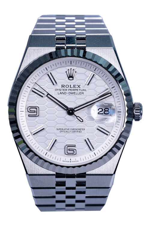 Rolex Land-Dweller Ref. 127334 — weißes Zifferblatt, Stahlgehäuse, neu und ungetragen