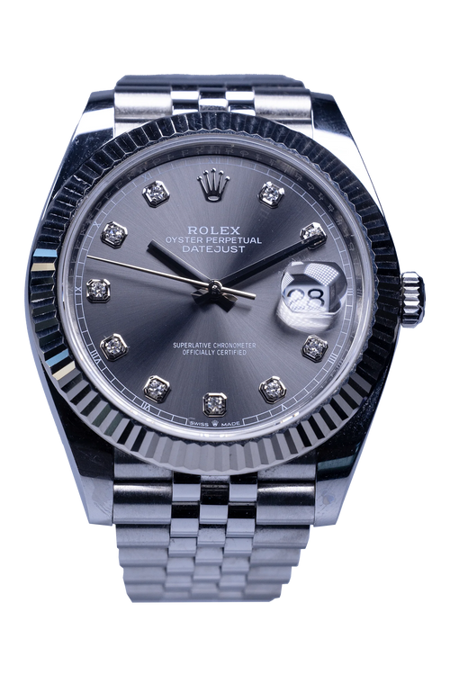 Rolex Datejust 41 Ref. 126334 — Rhodium-Diamantzifferblatt, Stahlgehäuse mit Weißgold-Riffellünette