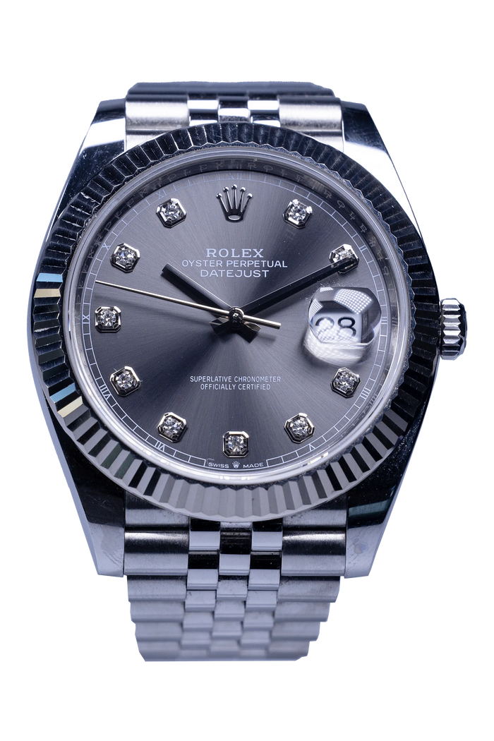 Rolex Datejust 41 Ref. 126334 — Rhodium-Diamantzifferblatt, Stahlgehäuse mit Weißgold-Riffellünette Rolex Datejust 41 Ref. 126334