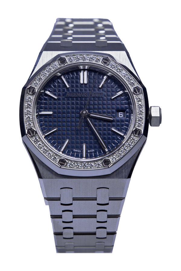 Audemars Piguet Royal Oak 15551ST.ZZ.1356ST.05 — blaues Zifferblatt, Diamantlünette, Stahl, 37 mm
