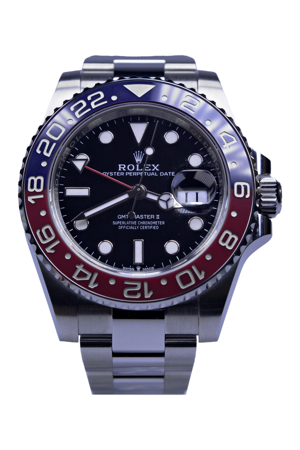 Rolex GMT-Master II 126710BLRO – schwarzes Zifferblatt, Pepsi-Lünette, Stahlgehäuse am Oyster-Band
