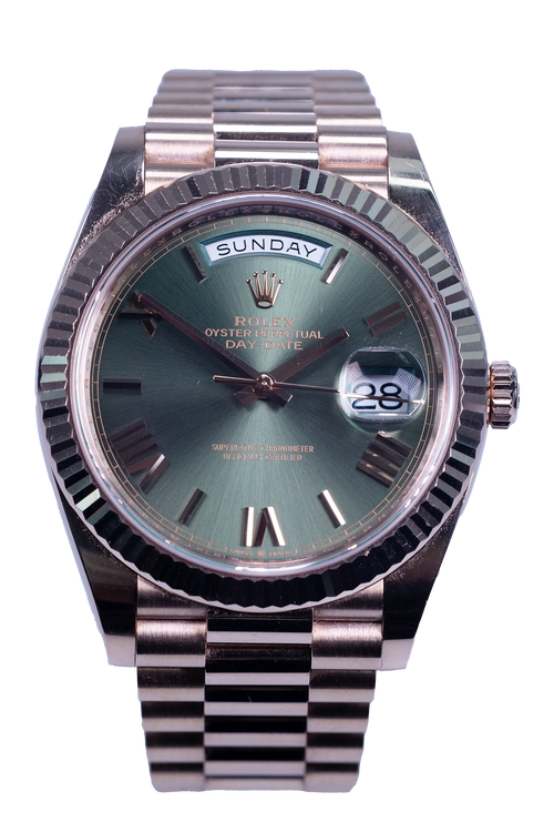 Rolex Day-Date 40 Ref. 228235 — grünes Zifferblatt, Rosegold-Gehäuse und President-Band