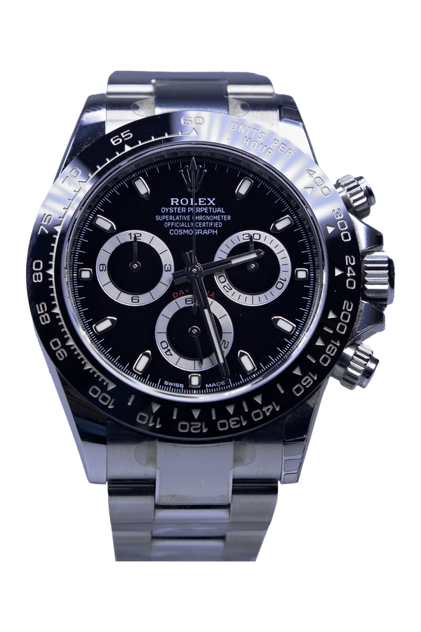 Rolex Daytona 116500LN — schwarzes Zifferblatt, Stahlgehäuse mit Oyster-Band, verklebt