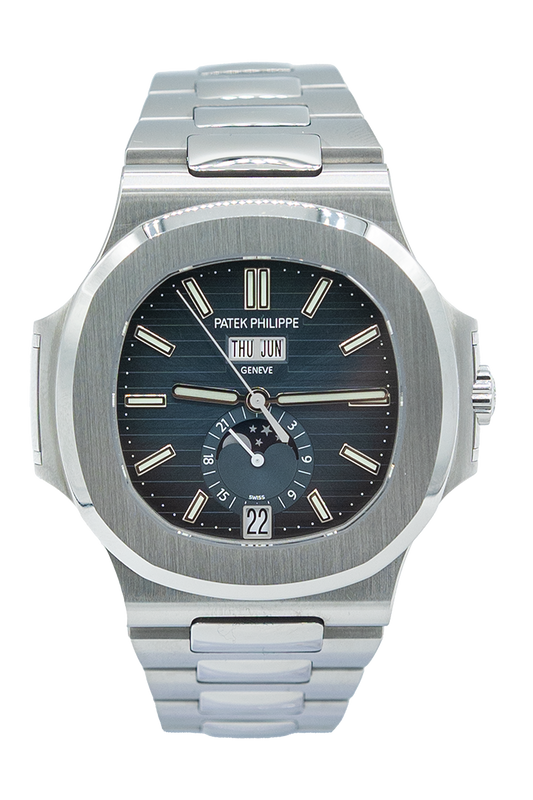 Patek Philippe reference "5726/1A" Nautilus steel luxury watch with blue dial