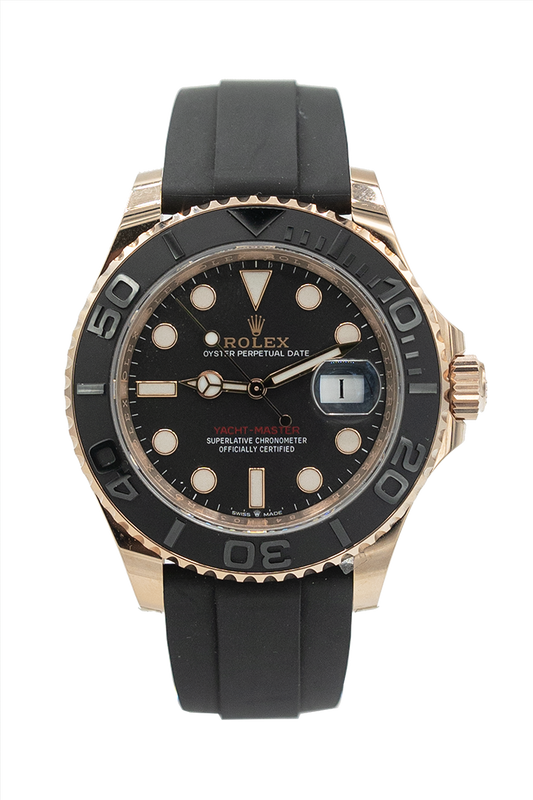 Rolex reference "116655" Yachtmaster rose gold oyster flex bracelet luxury watch with black dial