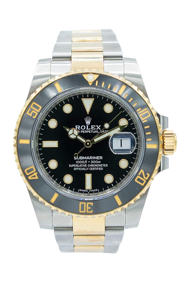 Rolex reference "116613LN" Submariner Date steel and yellow gold luxury watch with black dial