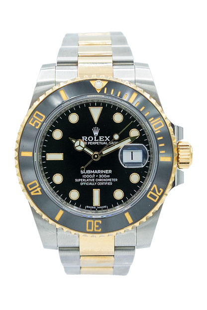 Rolex reference "116613LN" Submariner Date steel and yellow gold luxury watch with black dial