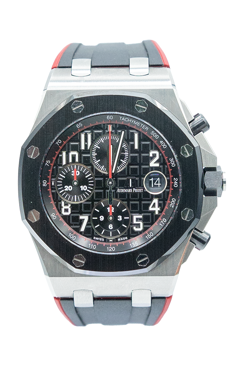 Audemars Piguet reference "26470SO.OO.A002CA.01" Royal Oak Offshore Chronograph steel luxury watch with black dial