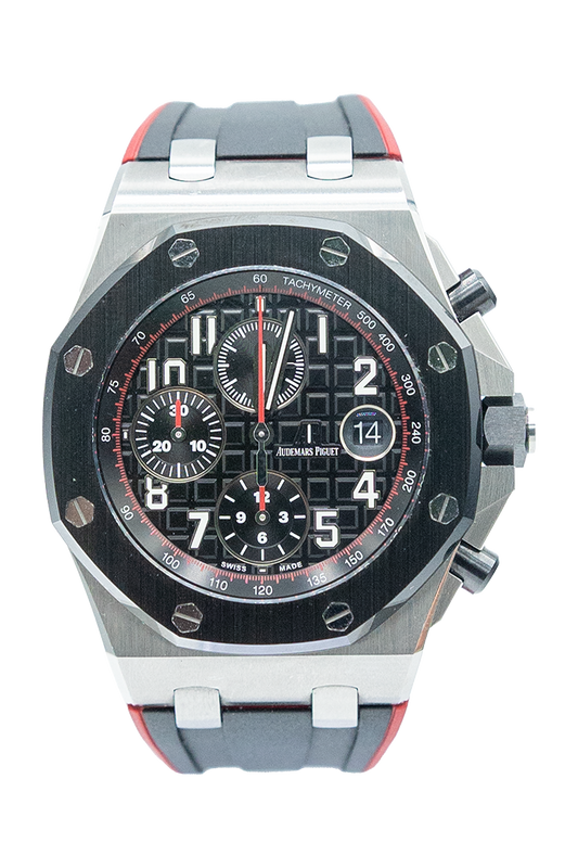 Audemars Piguet reference "26470SO.OO.A002CA.01" Royal Oak Offshore Chronograph steel luxury watch with black dial
