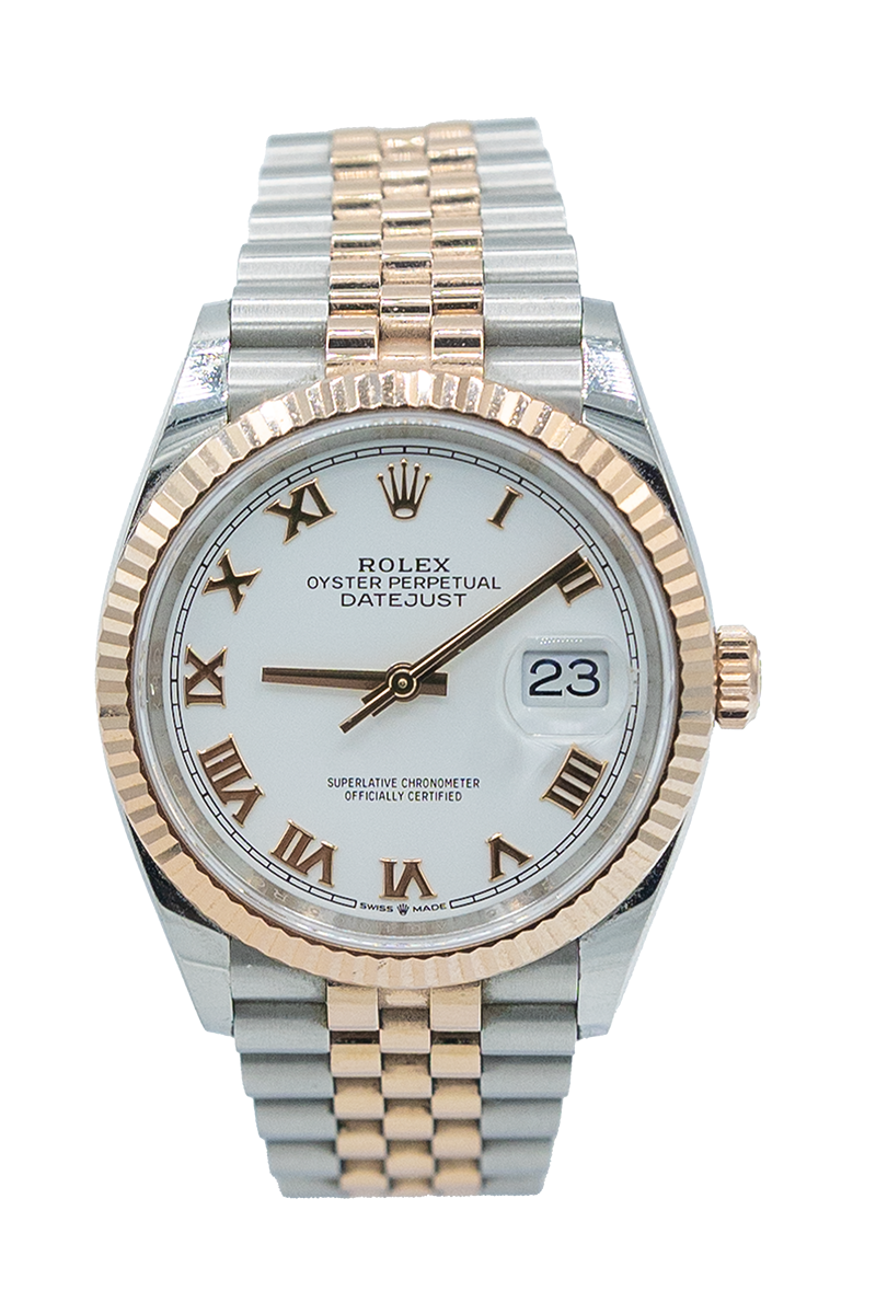 Rolex reference "126231" Datejust steel and rose gold luxury watch with white dial
