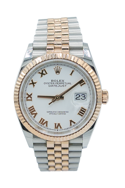 Rolex reference "126231" Datejust steel and rose gold luxury watch with white dial