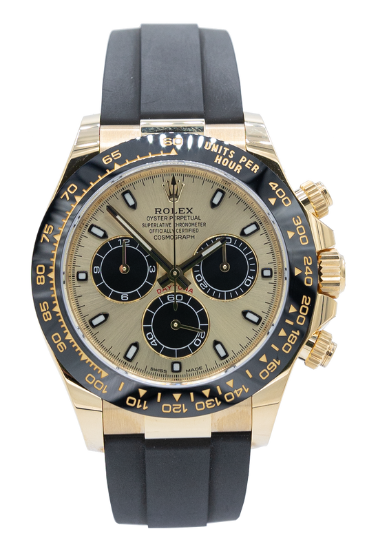 Rolex reference "116518LN" Daytona yellow gold oyster flex bracelet luxury watch with champagne dial