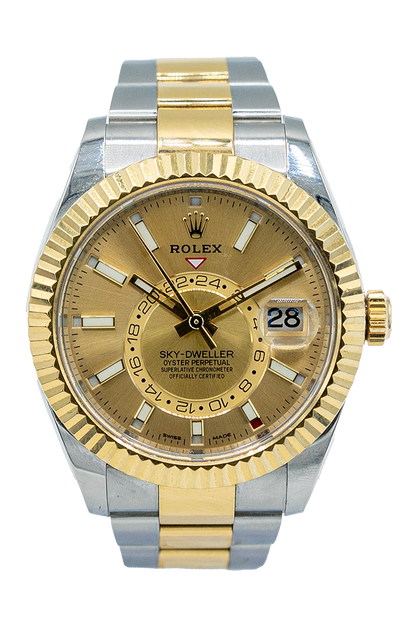 Rolex reference "326933" Sky-Dweller steel and yellow gold luxury watch with champagne dial