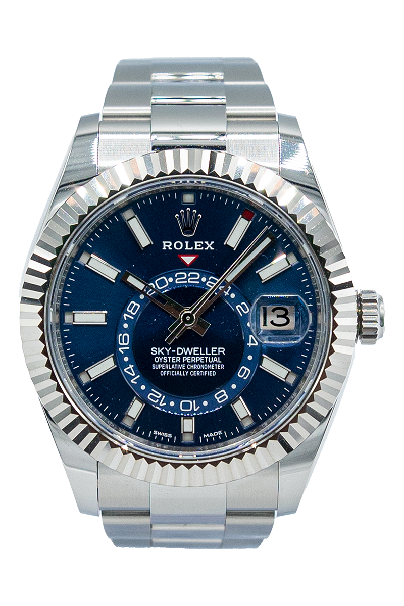 Rolex reference "326934" Sky-Dweller steel luxury watch with blue dial