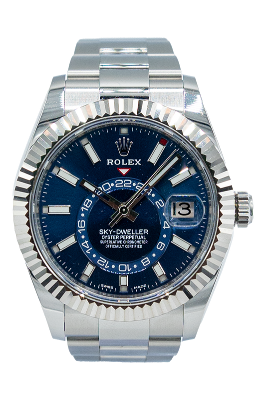 Rolex reference "326934" Sky-Dweller steel luxury watch with blue dial