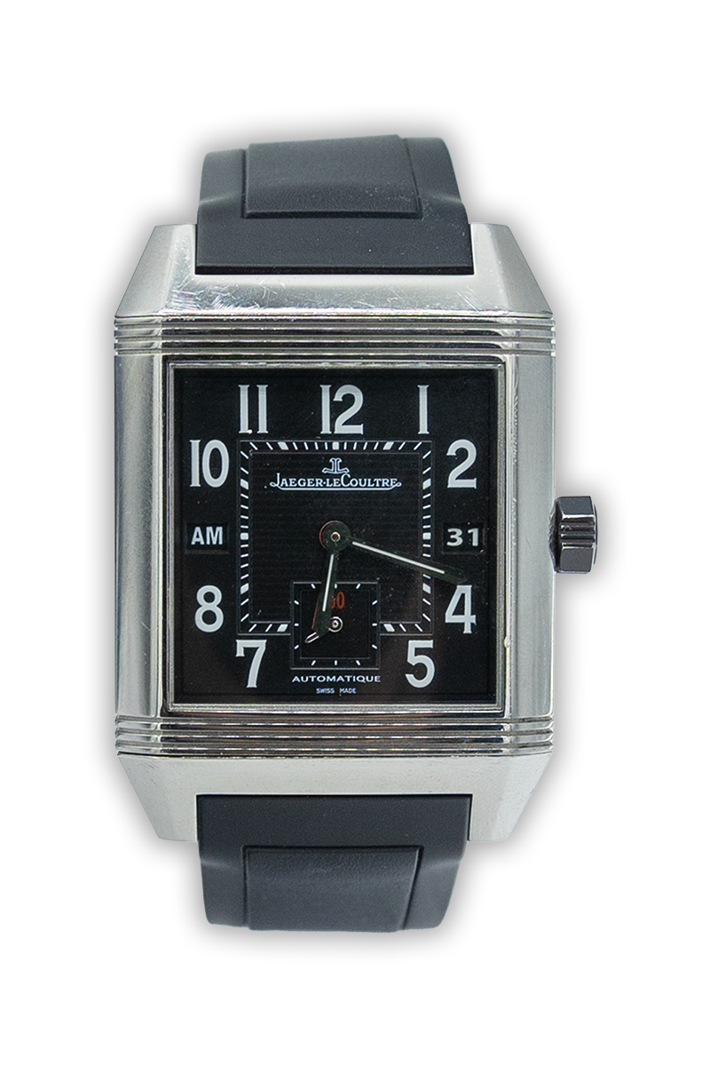 Jaeger Le-Coultre reference "230.8.77" Reverso steel luxury watch with black dial