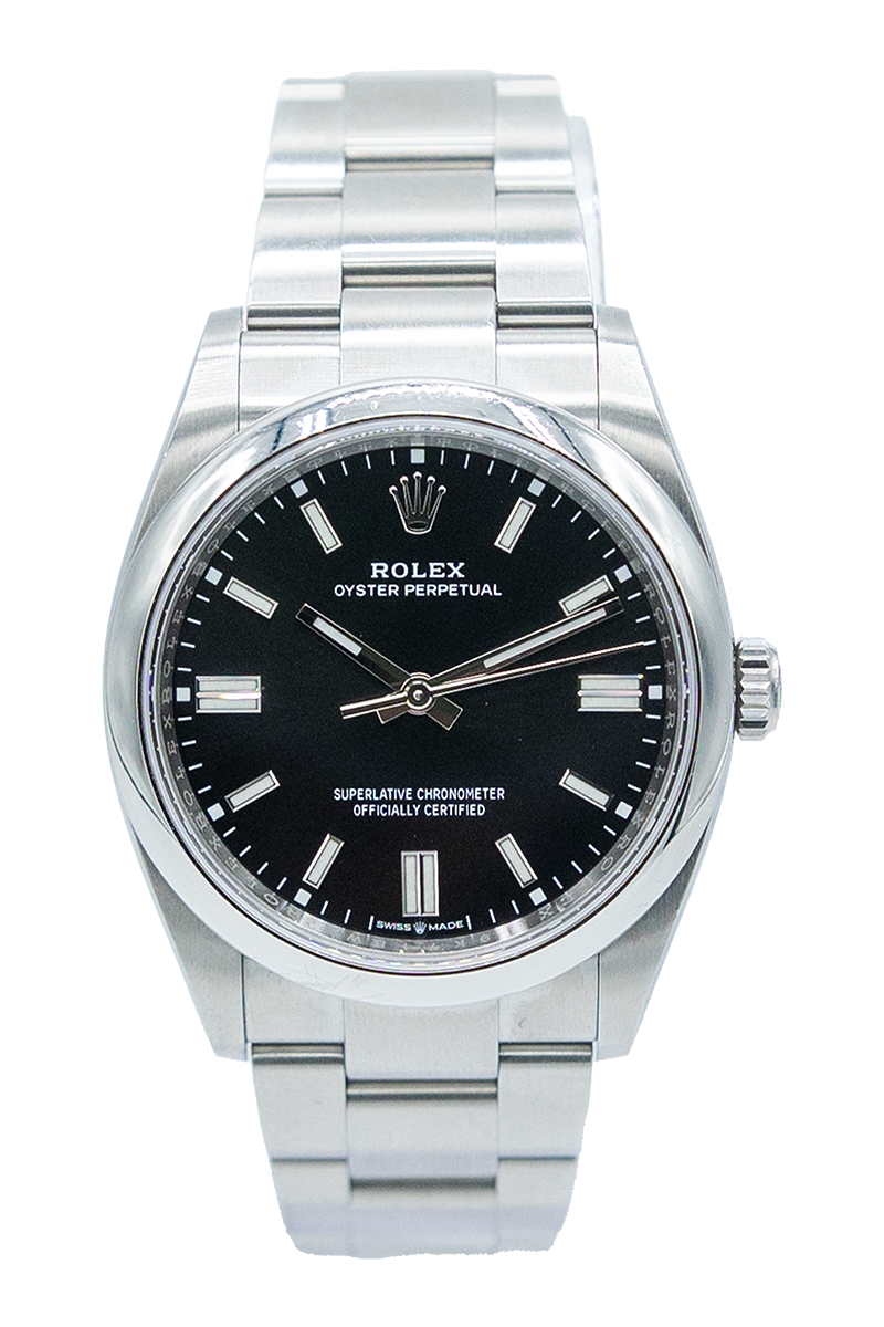 Rolex reference "126000" Oyster Perpetual steel luxury watch with black dial