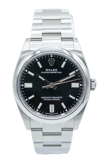 Rolex reference "126000" Oyster Perpetual steel luxury watch with black dial