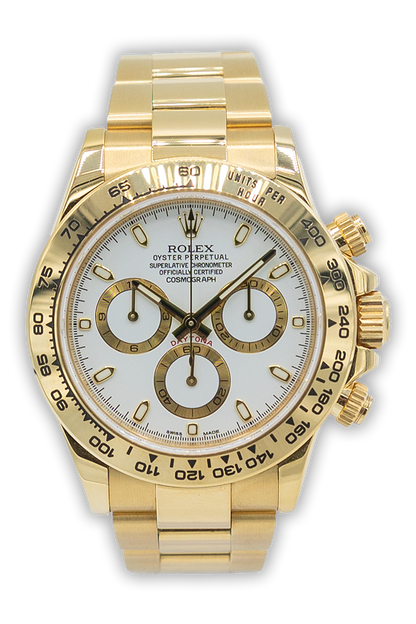 Rolex reference "116508" Daytona yellow gold luxury watch with white dial