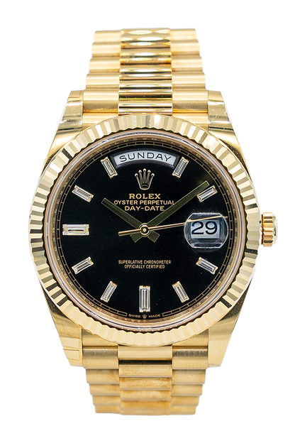 Rolex reference "228238" Day-Date yellow gold luxury watch with black diamond dial