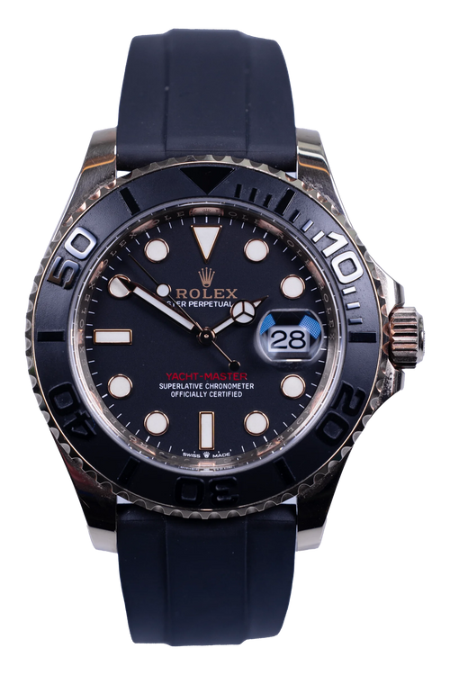Rolex Yachtmaster 40 Ref. 126655 — schwarzes Zifferblatt, Rosegoldgehäuse, Kautschukband