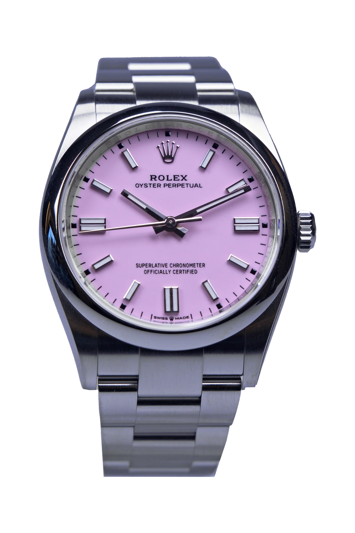 Rolex Oyster Perpetual 126000 mit pinkem Zifferblatt, Edelstahlgehäuse 36 mm, verklebt