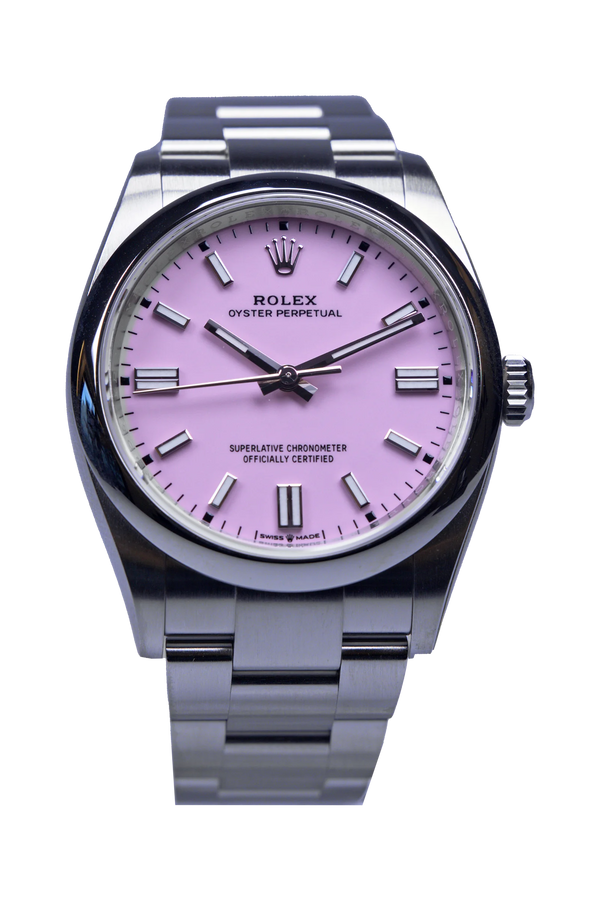 Rolex Oyster Perpetual 126000 mit pinkem Zifferblatt, Edelstahlgehäuse 36 mm, verklebt