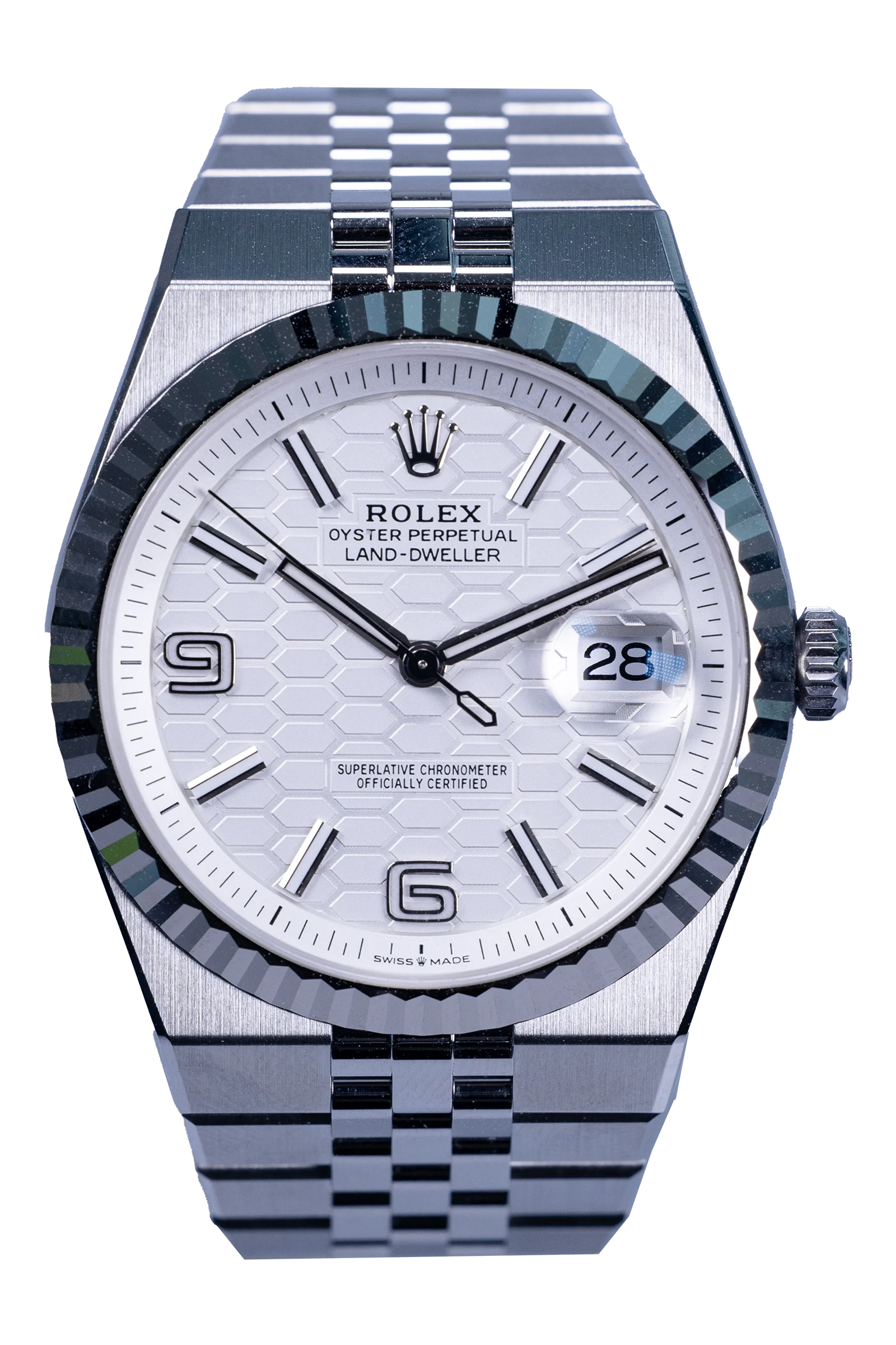 Rolex Land-Dweller Ref. 127334 — weißes Zifferblatt, Stahlgehäuse, neu und ungetragen