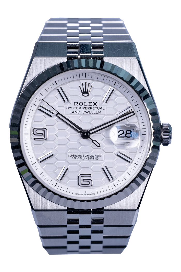 Rolex Land-Dweller Ref. 127334 — weißes Zifferblatt, Stahlgehäuse, neu und ungetragen