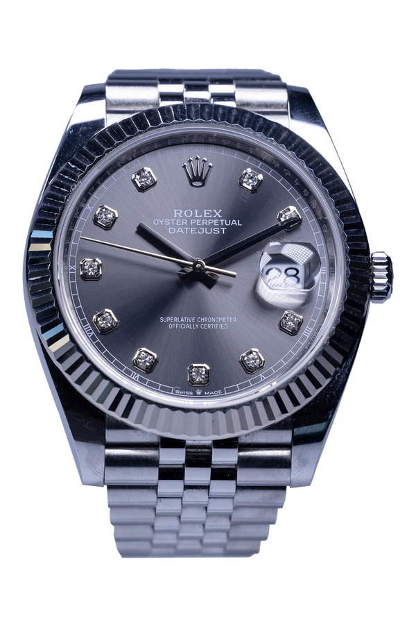 Rolex Datejust 41 Ref. 126334 — Rhodium-Diamantzifferblatt, Stahlgehäuse mit Weißgold-Riffellünette