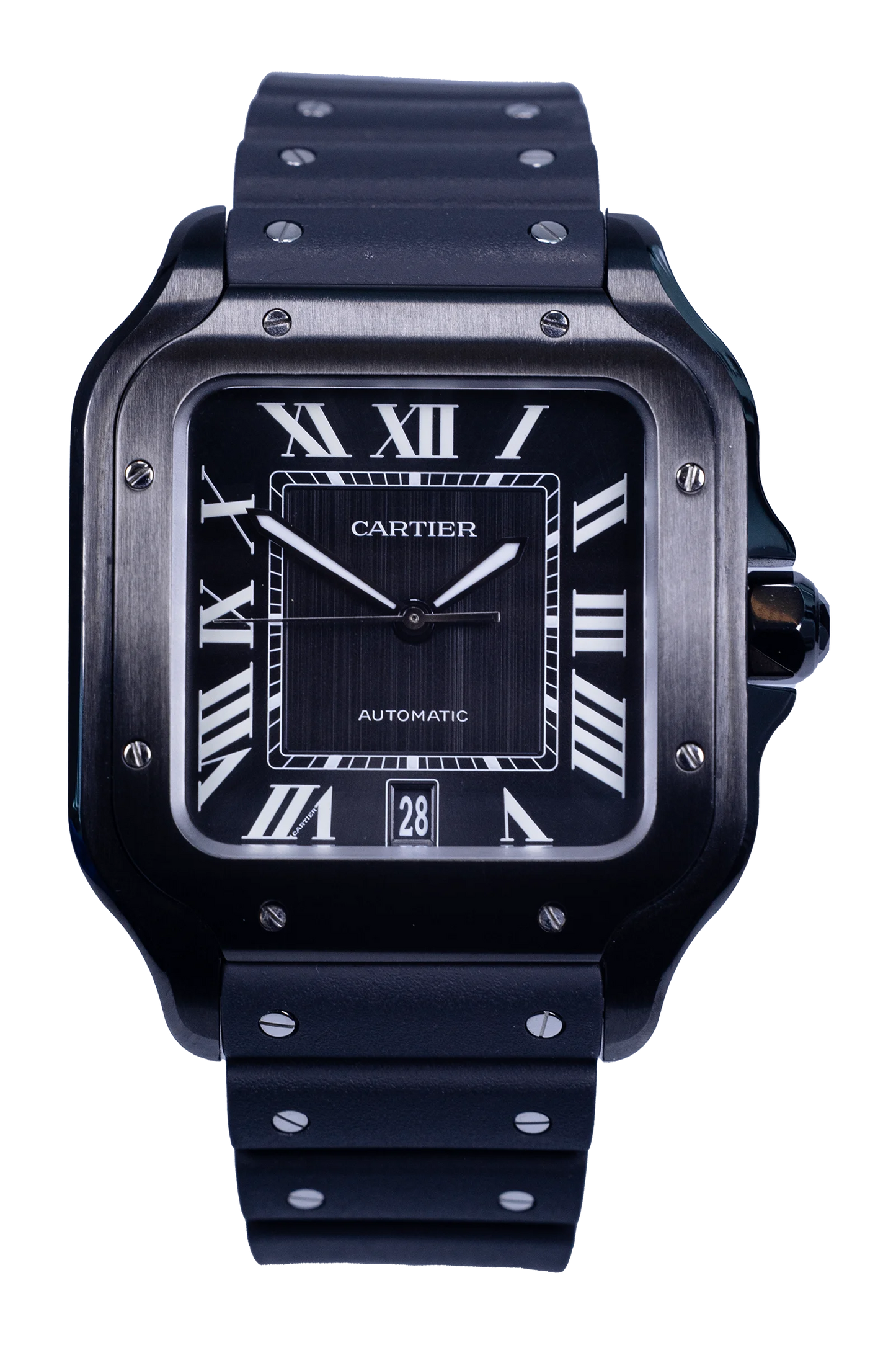 Cartier Santos de Cartier WSSA0039 — schwarzes Zifferblatt, Stahlgehäuse, Kautschukband