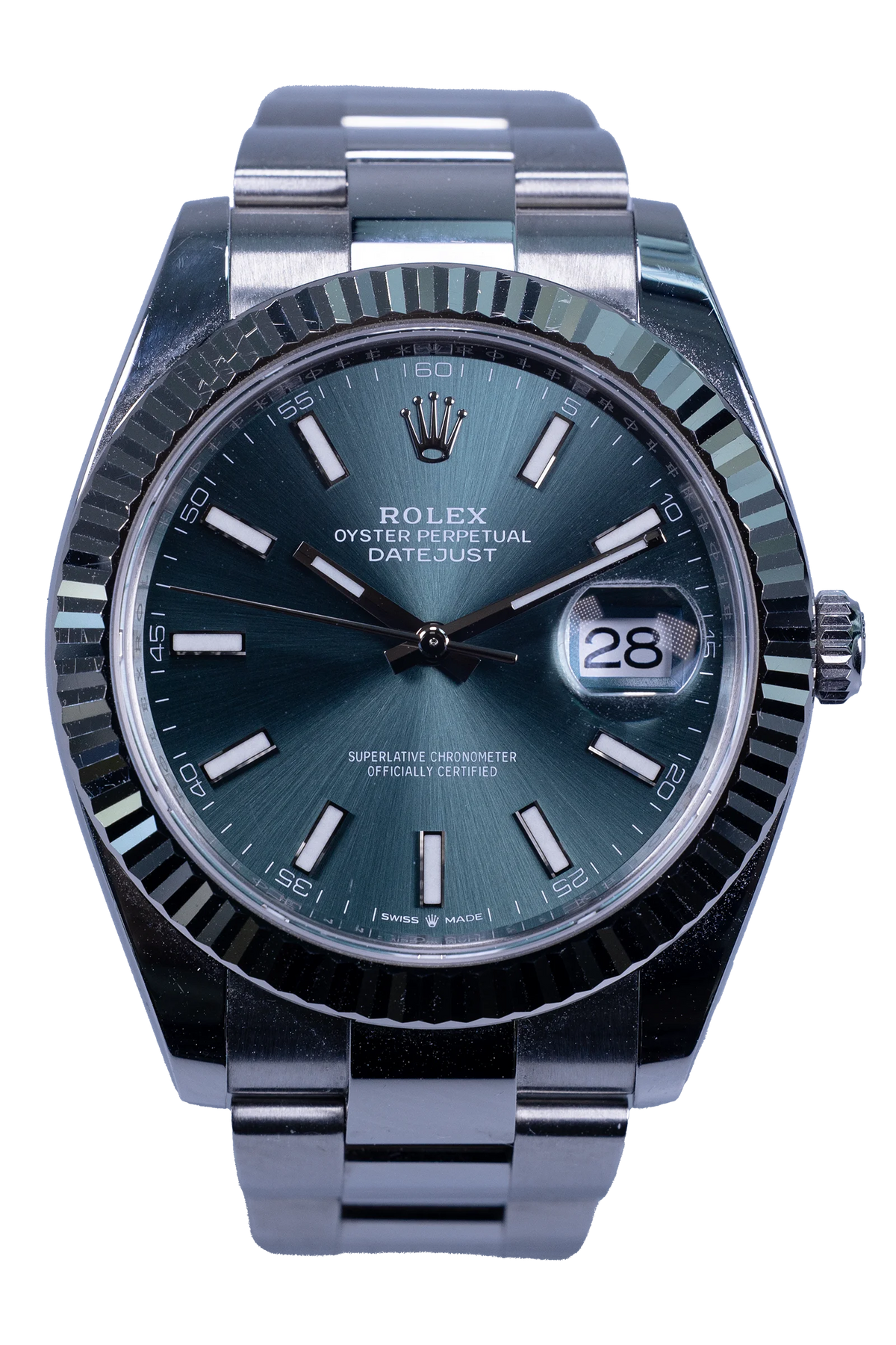 Rolex Datejust 41 Ref. 126334 – grünes Zifferblatt, Stahlgehäuse mit Weißgold-Riffellünette (1 / 4)