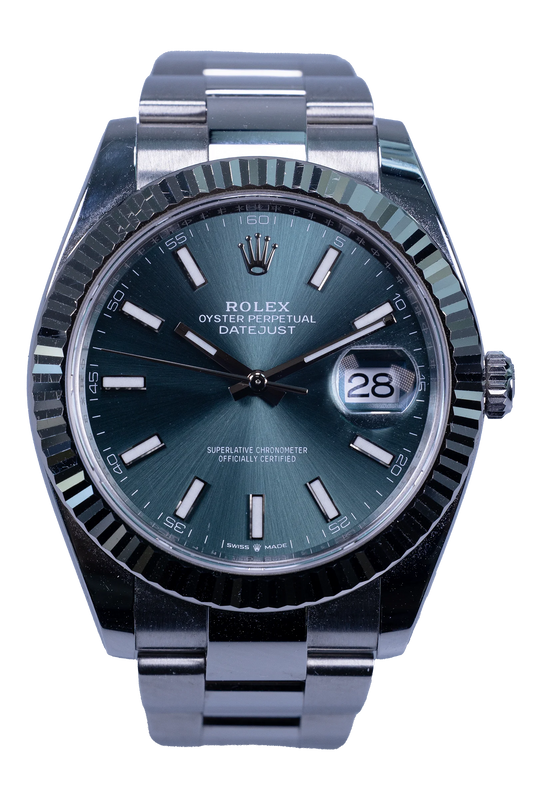 Rolex Datejust 41 Ref. 126334 – grünes Zifferblatt, Stahlgehäuse mit Weißgold-Riffellünette Rolex Datejust 41 Ref. 126334