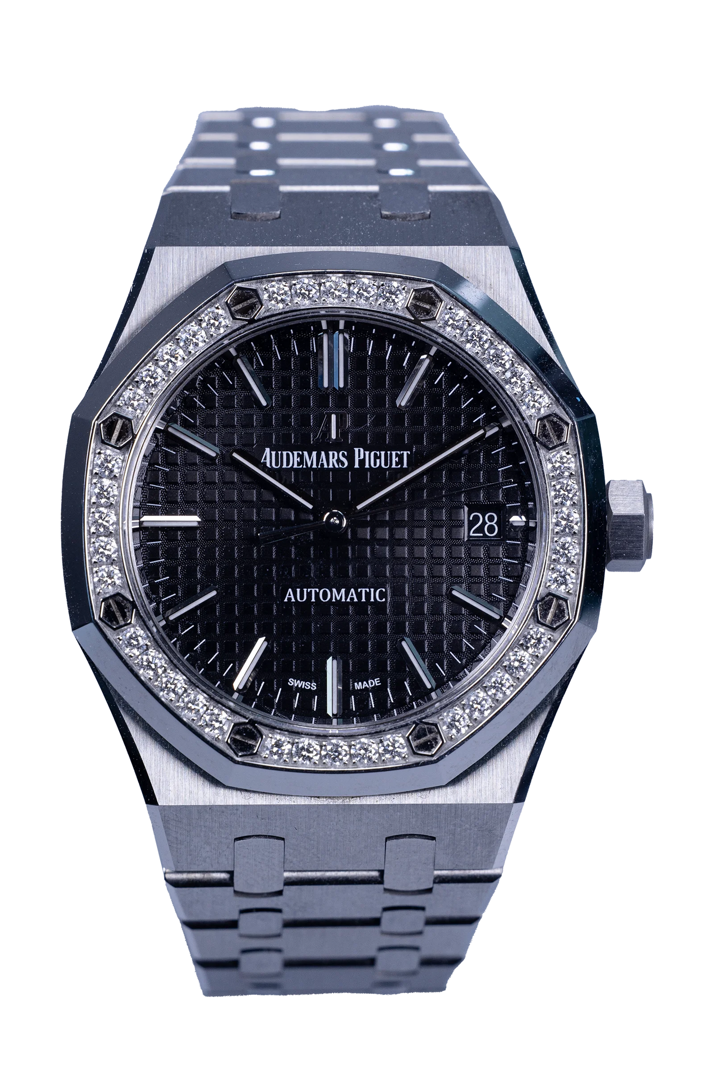 Audemars Piguet Royal Oak 15451ST.ZZ.1256ST.01 — schwarzes Zifferblatt, Stahl, Diamantlünette