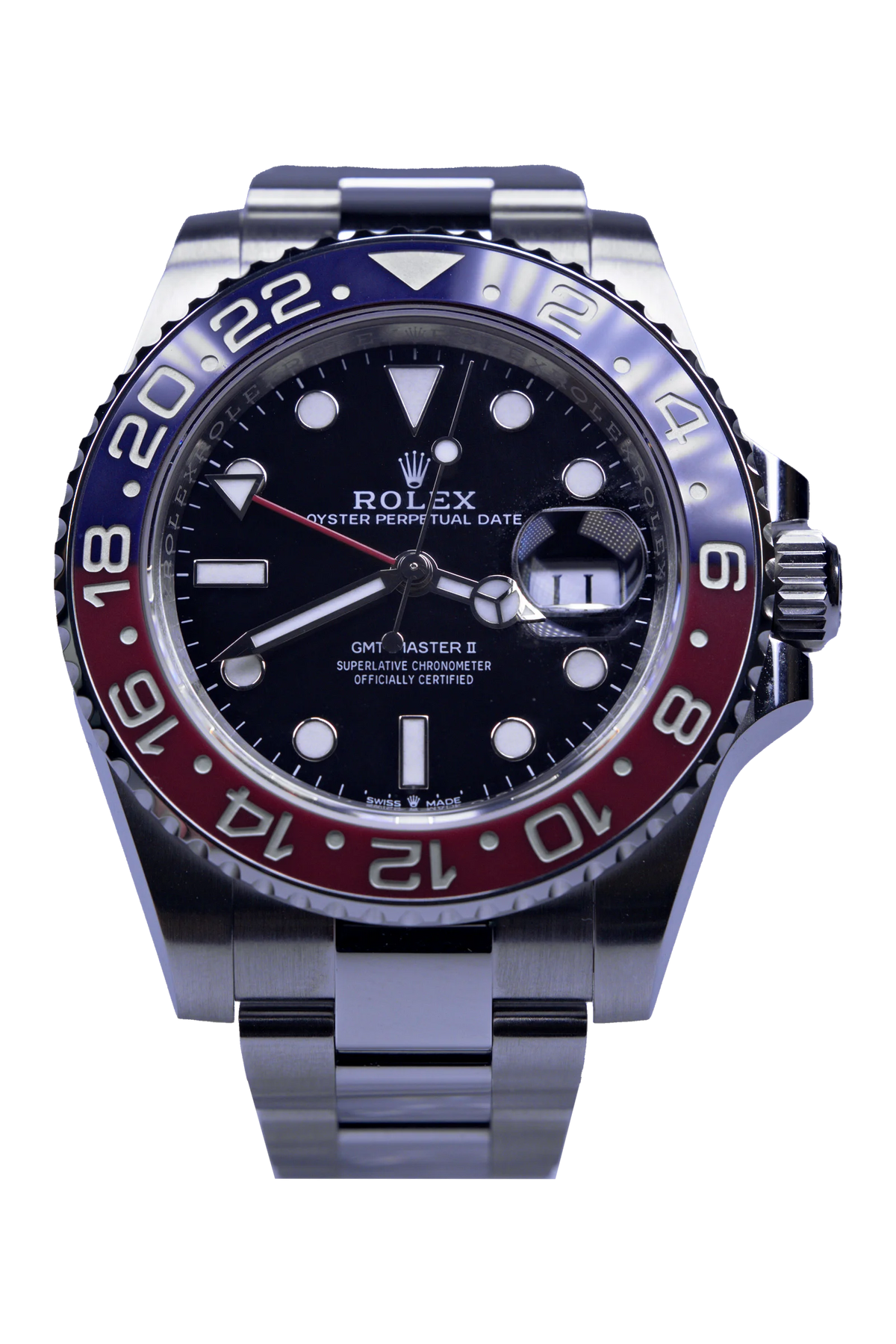 Rolex GMT-Master II 126710BLRO – schwarzes Zifferblatt, Pepsi-Lünette, Stahlgehäuse am Oyster-Band