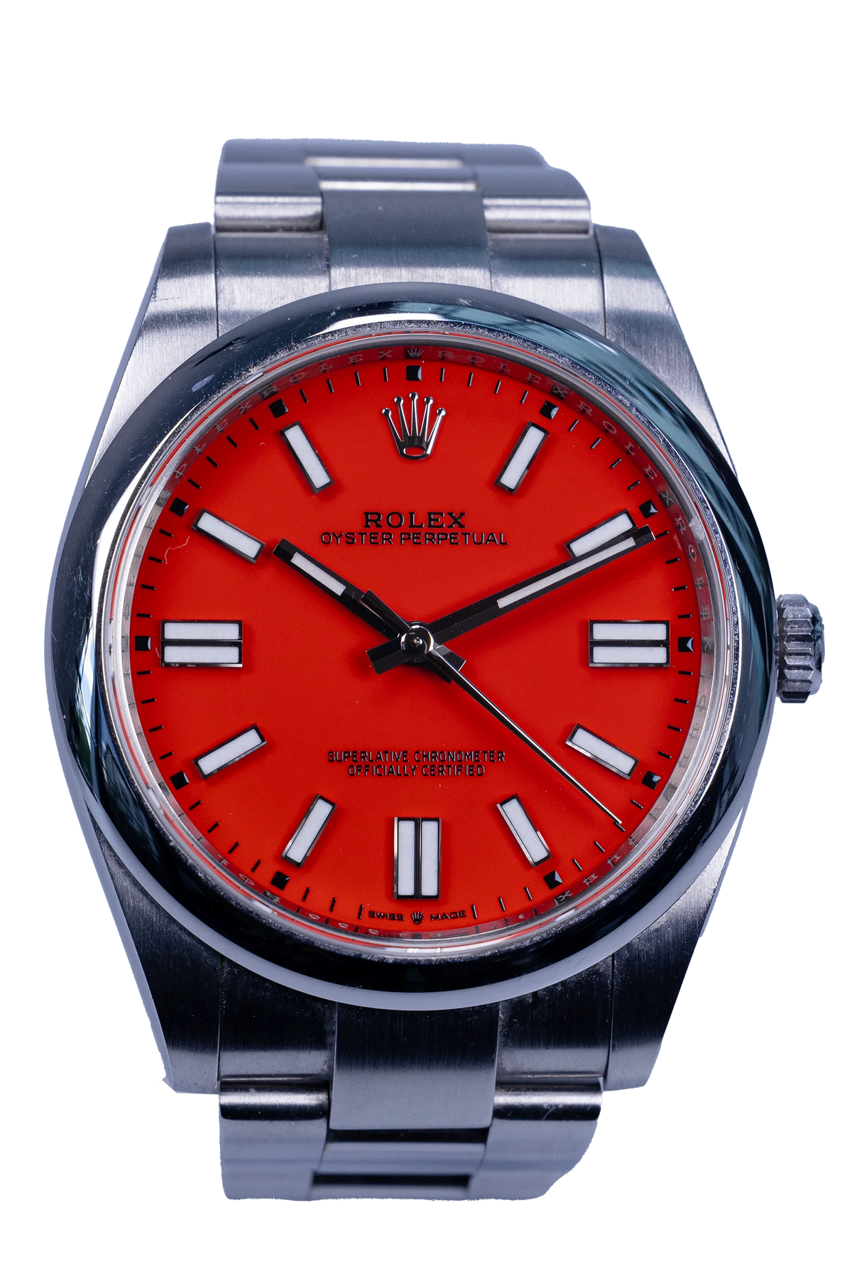 Rolex Oyster Perpetual 41 Ref. 124300 — rotes Zifferblatt, Edelstahlgehäuse (1 / 4)