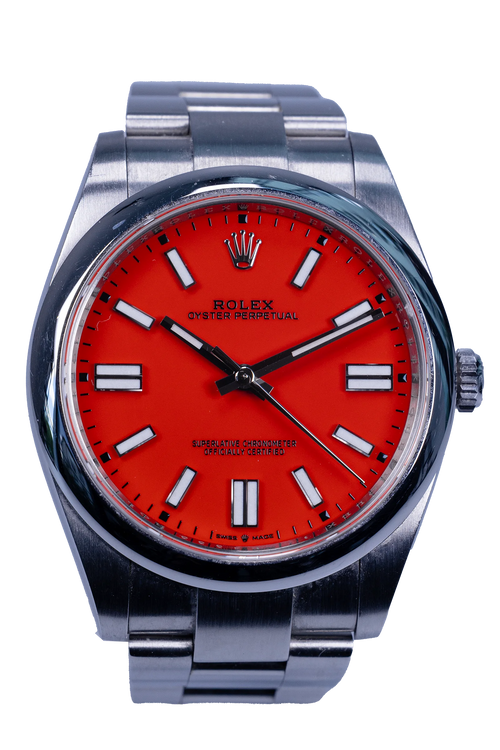 Rolex Oyster Perpetual 41 Ref. 124300 — rotes Zifferblatt, Edelstahlgehäuse
