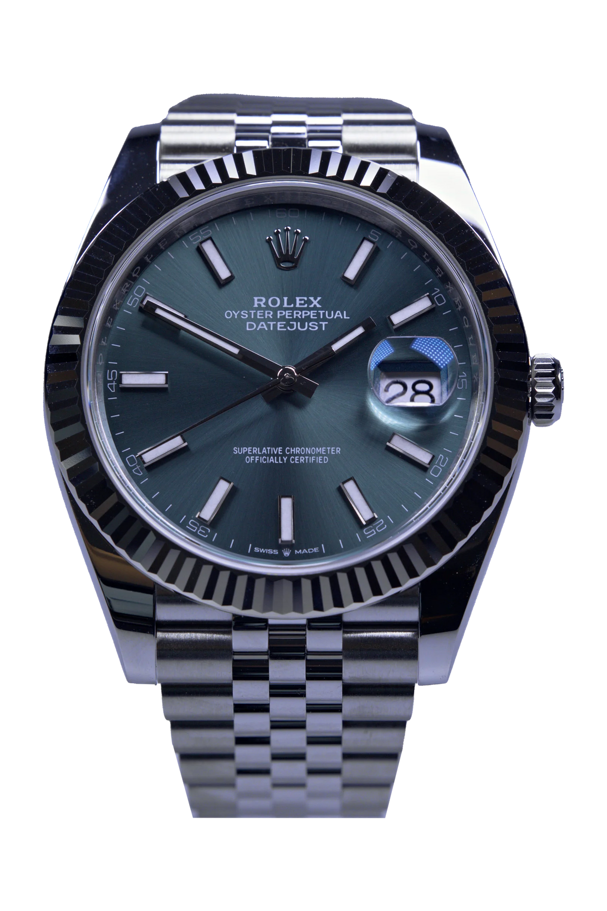 Rolex Datejust 41 Ref. 126334 — mintgrünes Zifferblatt, Stahlgehäuse mit Weißgold-Riffellünette (1 / 4)