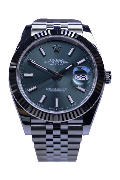 Rolex Datejust 41 Ref. 126334 — mintgrünes Zifferblatt, Stahlgehäuse mit Weißgold-Riffellünette Rolex Datejust 41 Ref. 126334