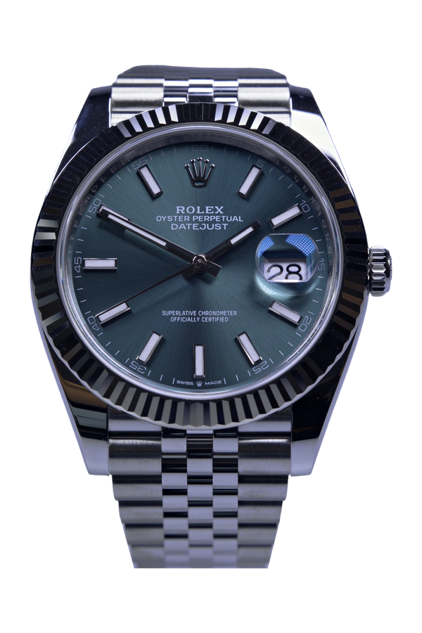 Rolex Datejust 41 Ref. 126334 — mintgrünes Zifferblatt, Stahlgehäuse mit Weißgold-Riffellünette