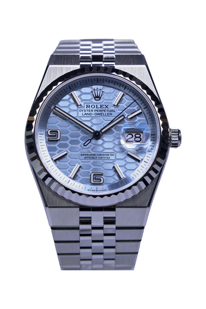 Rolex Land-Dweller 127236 in Platin mit blauem Zifferblatt, neu/ungetragen, Fullset 2025 Rolex Land-Dweller Ref. 127236