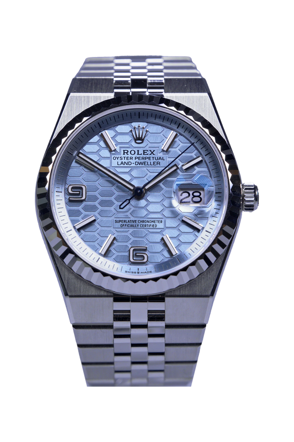 Rolex Land-Dweller 127236 in Platin mit blauem Zifferblatt, neu/ungetragen, Fullset 2025