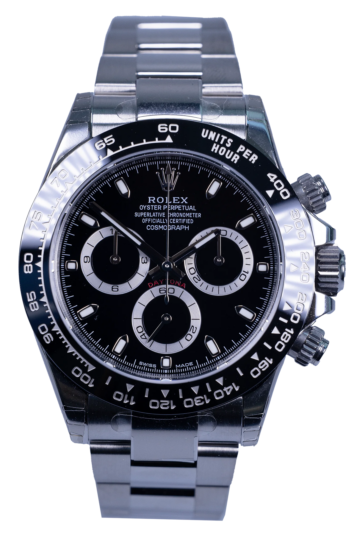 Rolex Daytona 116500LN — schwarzes Zifferblatt, Stahlgehäuse mit Keramiklünette, Oyster-Band (1 / 4)