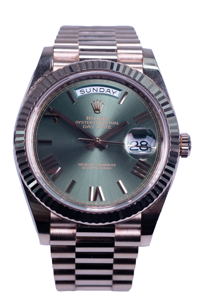Rolex Day-Date 40 Ref. 228235 — grünes Zifferblatt, Rosegold-Gehäuse und President-Band