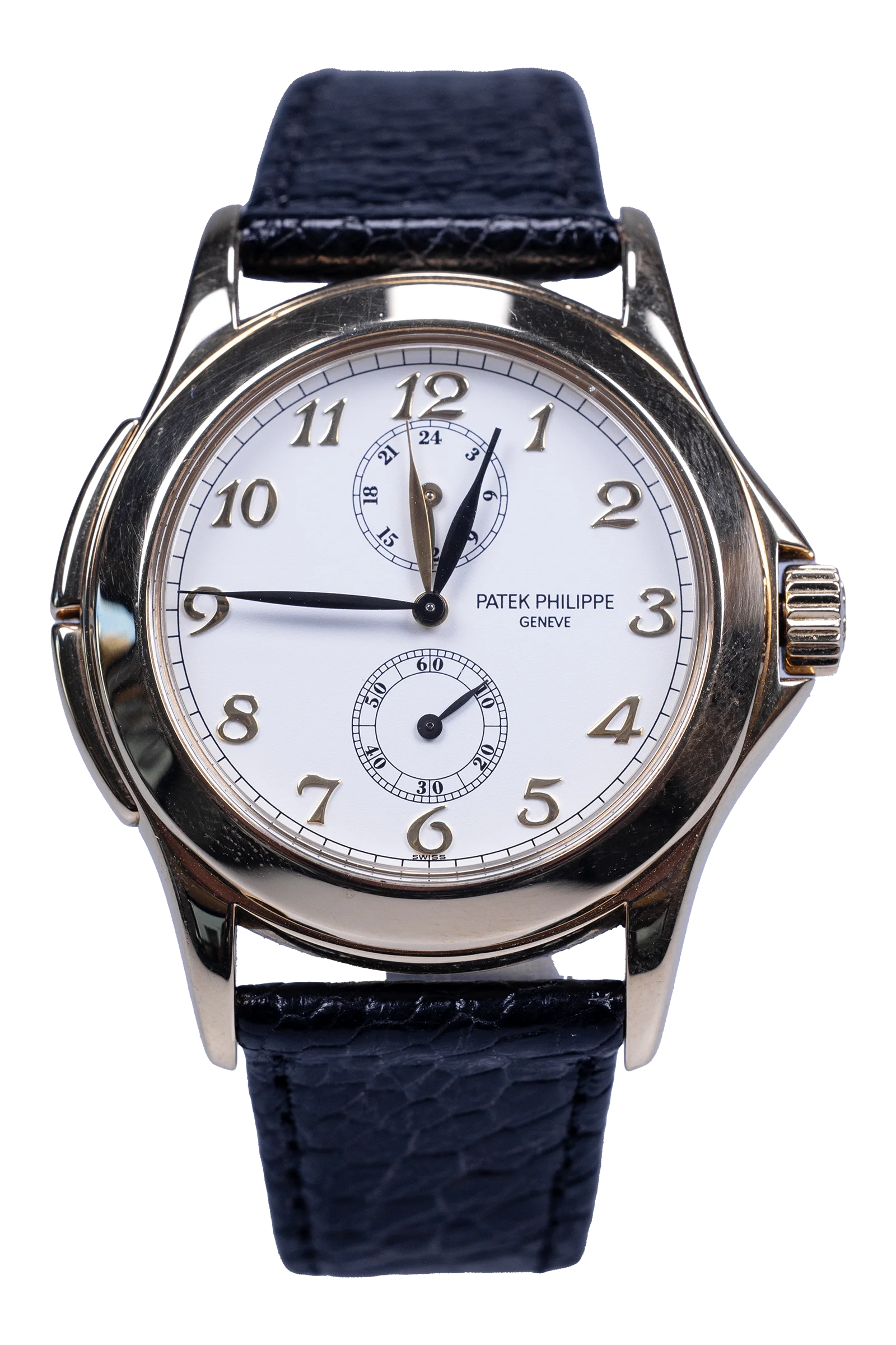 Patek Philippe Travel Time 5134J — weißes Zifferblatt, Gelbgoldgehäuse, Lederband