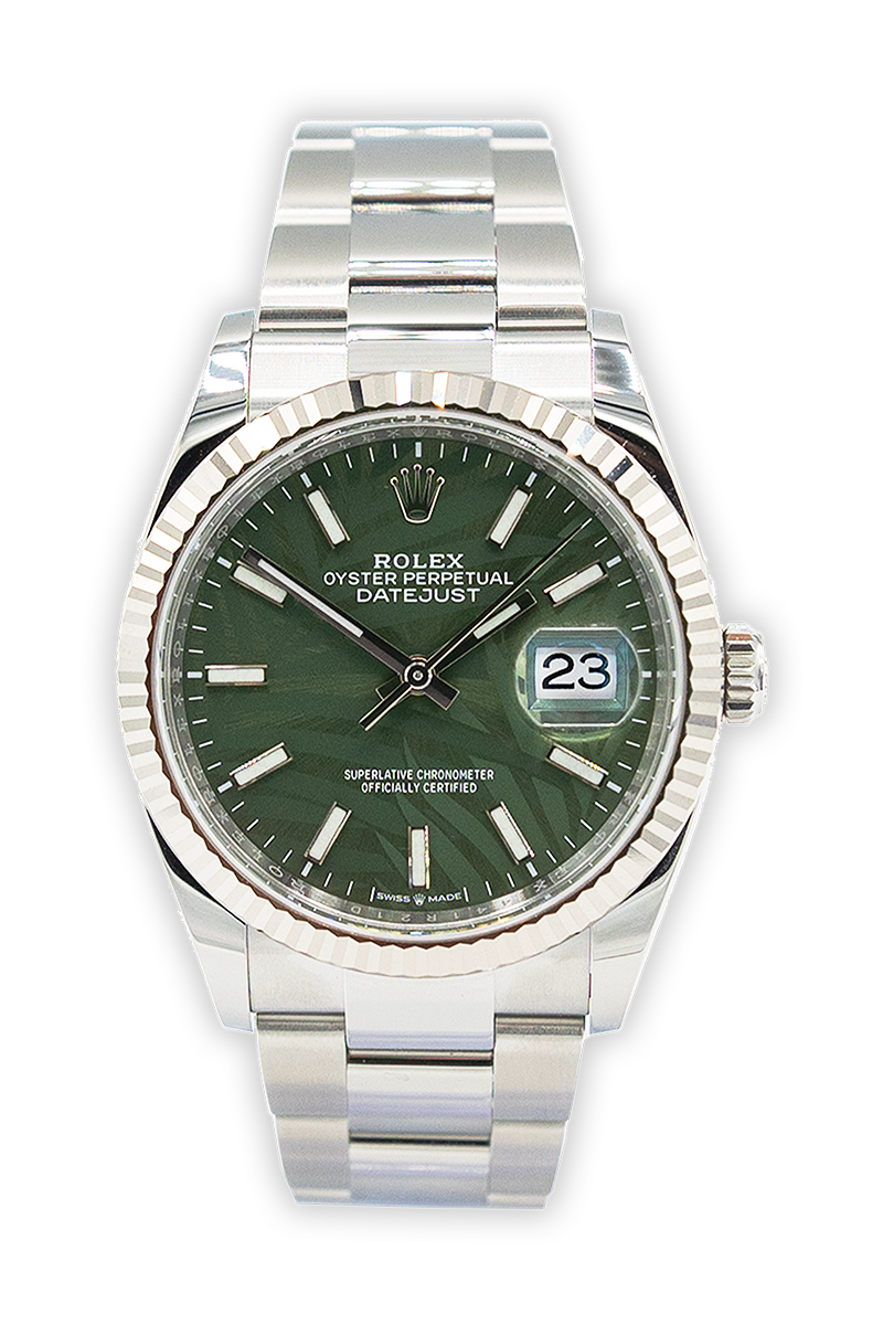Rolex reference "126234" Datejust steel luxury watch with green palm dial